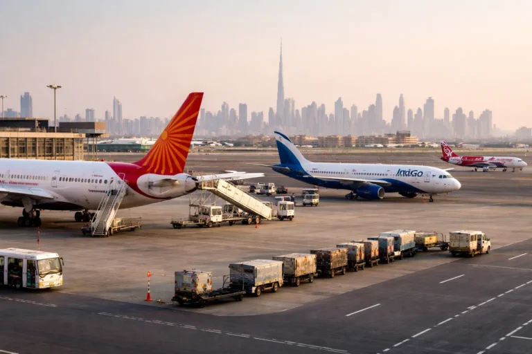 Indian commercial aircraft parked on an airport tarmac in the Middle East with city skyline in the background.