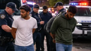 Police officers detaining suspects during investigation of fake robbery scheme linked to U-visa fraud in the United States