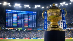 IPL trophy under stadium lights with digital schedule board in background representing IPL 2026 match list