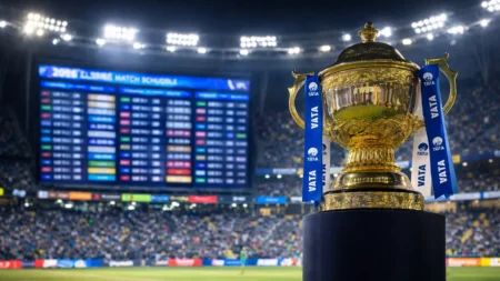 IPL trophy under stadium lights with digital schedule board in background representing IPL 2026 match list