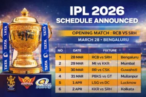 IPL 2026 trophy graphic showing schedule announcement with opening match between Royal Challengers Bengaluru and Sunrisers Hyderabad.