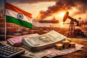 Conceptual image showing India’s economy linked to global oil markets amid tensions in the Middle East