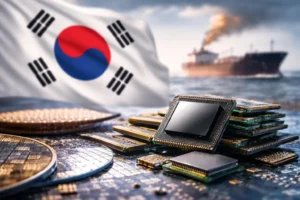 Semiconductor chips placed on a circuit board with a South Korean flag and cargo ship in the background, symbolizing global chip supply chains.