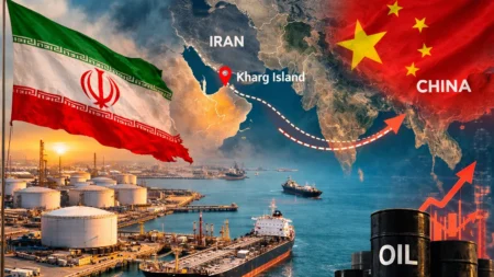 Aerial view of Iran’s Kharg Island oil terminal with tanker ships and storage tanks in the Persian Gulf