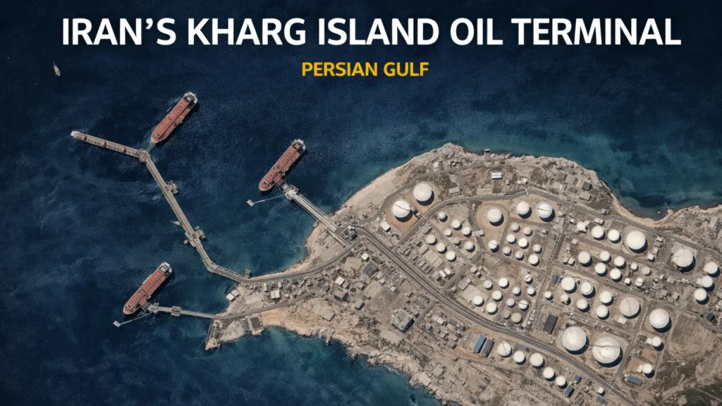 Trump Urges Allies to Secure Strait of Hormuz Amid Iran Tensions Satellite view of Kharg Island in Iran showing oil storage tanks and tanker loading terminals in the Persian Gulf