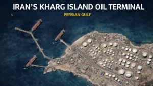Trump Urges Allies to Secure Strait of Hormuz Amid Iran Tensions Satellite view of Kharg Island in Iran showing oil storage tanks and tanker loading terminals in the Persian Gulf