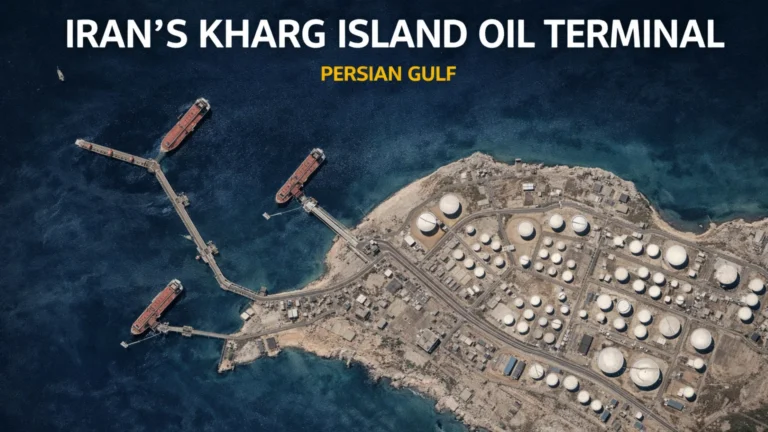 Satellite view of Kharg Island in Iran showing oil storage tanks and tanker loading terminals in the Persian Gulf