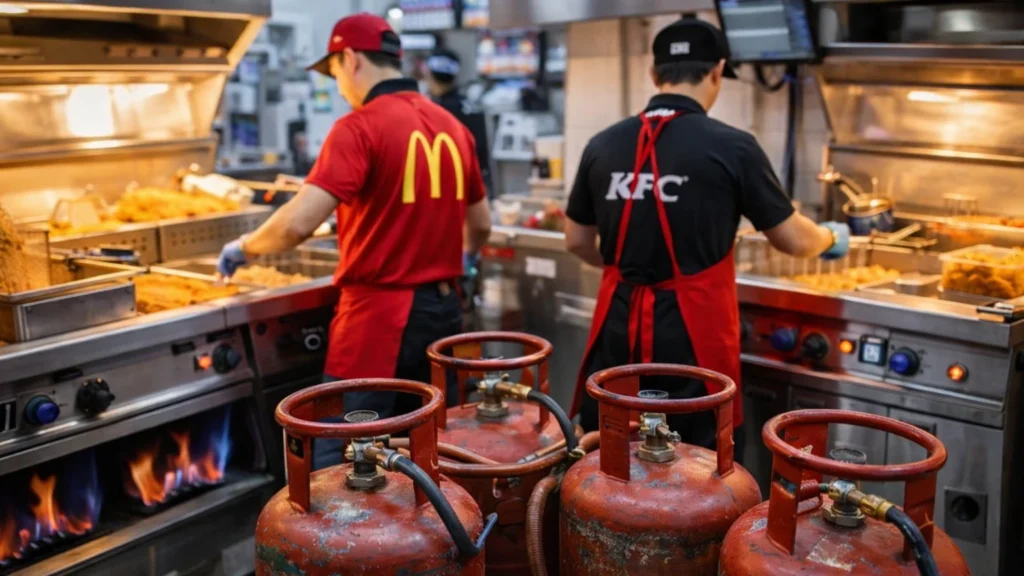 LPG cylinders used in commercial fast-food kitchen as McDonald’s and KFC restaurants face gas supply concerns