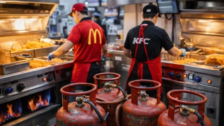 LPG cylinders used in commercial fast-food kitchen as McDonald’s and KFC restaurants face gas supply concerns