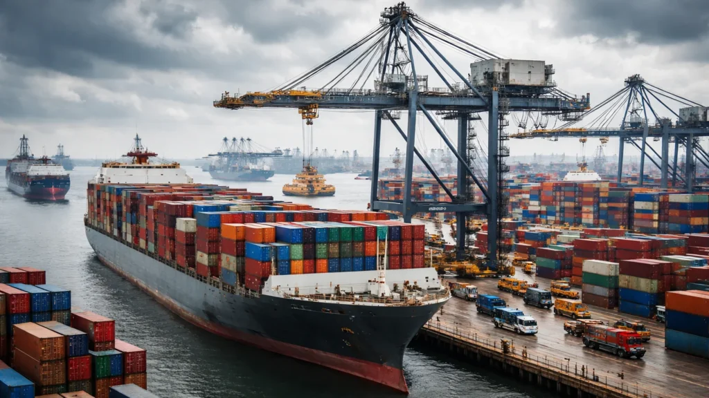 Cargo ships and containers showing global trade disruption