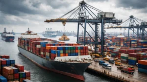Cargo ships and containers showing global trade disruption
