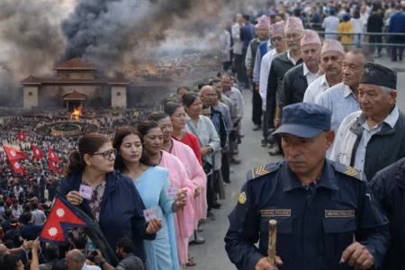 Composite image showing protests in Kathmandu alongside voters standing in line during Nepal’s national election