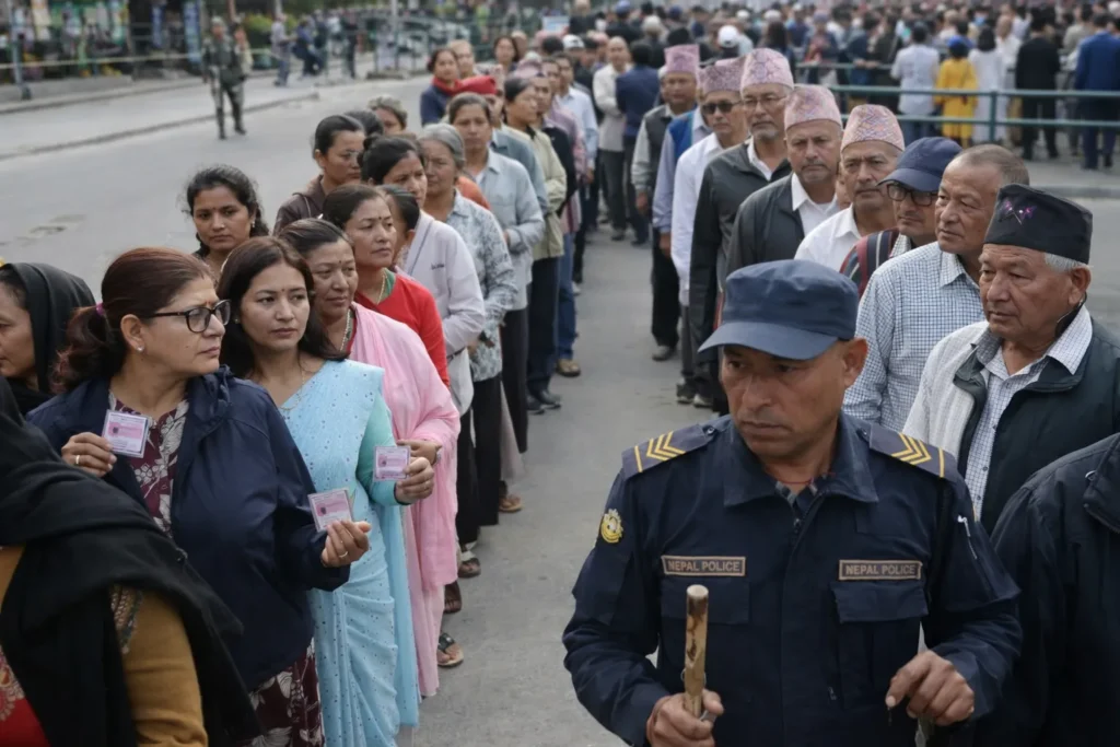 Nepalese voters stand in line at a polling station during national elections in Kathmandu