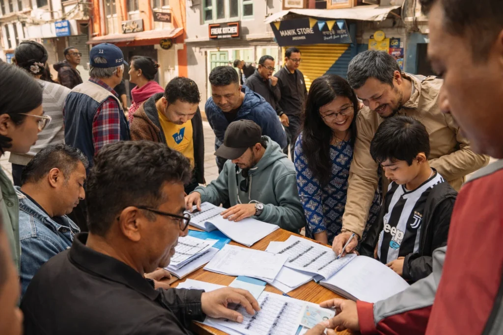 Nepalese citizens checking voter lists and registering during Nepal’s republican election process