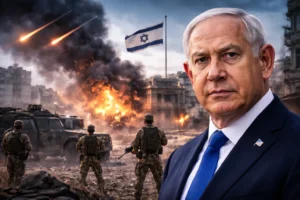 Israeli Prime Minister Benjamin Netanyahu with a war-damaged urban backdrop and military presence amid ongoing regional conflict.
