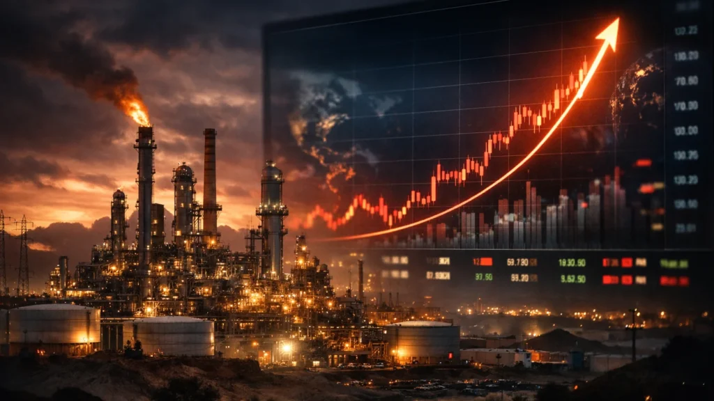 Oil Surges Above $116 a Barrel as Iran Warns of Possible US Ground Action Oil refinery and trading screen visuals showing crude prices rising during Middle East geopolitical tensions