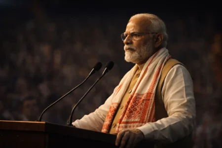 Prime Minister Narendra Modi delivering a speech at a public gathering ahead of his scheduled visit to Kokrajhar in Assam’s Bodoland region.