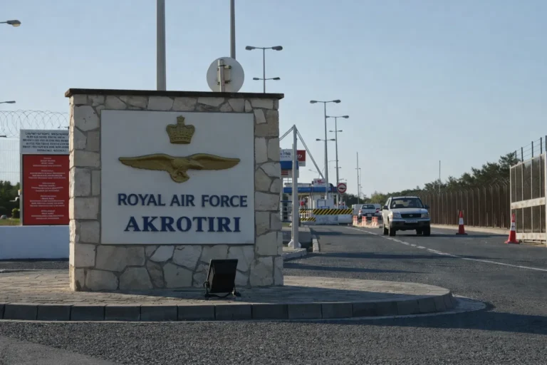 Main entrance sign of RAF Akrotiri military base in Cyprus with security fencing and checkpoint in background