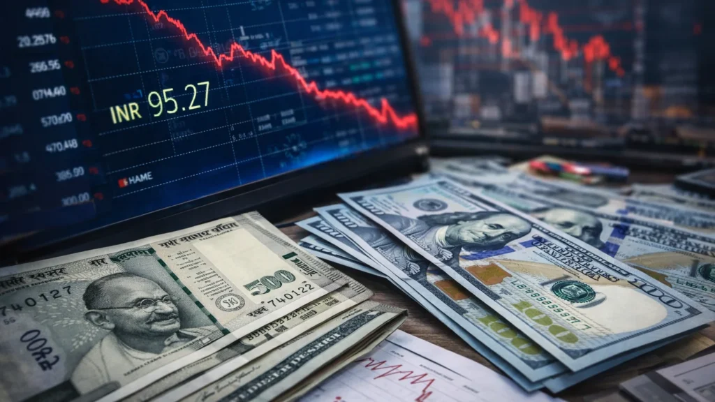 Rupee Breaches 95 Against US Dollar for First Time, Hits Record Low Amid Oil Shock and Market Stress Indian rupee and US dollar currency notes with a falling forex chart showing rupee record low