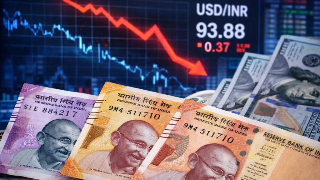 Indian rupee notes with US dollar and falling graph showing rupee weakening to record low of 93.88