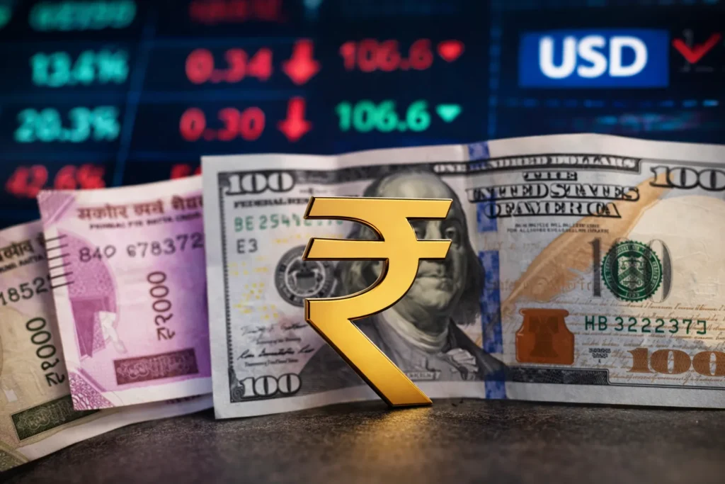 Rupee Ends at 91.50 Against US Dollar Indian rupee notes placed in front of a US dollar bill with a rupee symbol, representing currency exchange movement