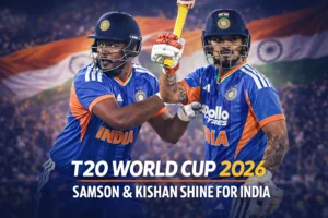 Indian cricketers Sanju Samson and Ishan Kishan batting during the ICC T20 World Cup 2026
