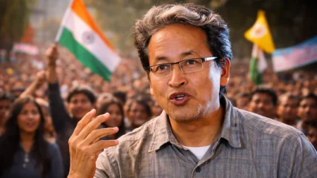 Ladakh environmental activist Sonam Wangchuk speaking during a public gathering