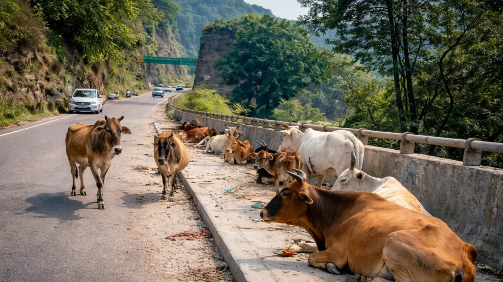 Stray cows sitting and walking along a highway road in Himachal Pradesh hills