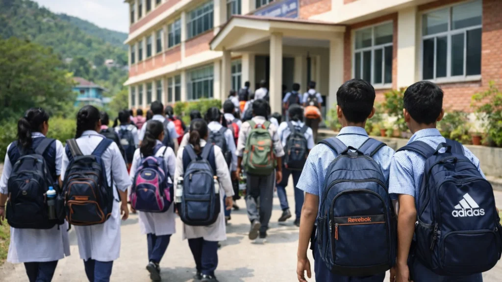 Himachal Warns Private Schools Over Refusal to Issue Leaving Certificates Students in school uniforms walking outside a private school building in Himachal Pradesh with backpacks