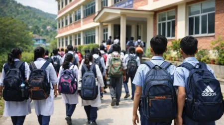 Students in school uniforms walking outside a private school building in Himachal Pradesh with backpacks