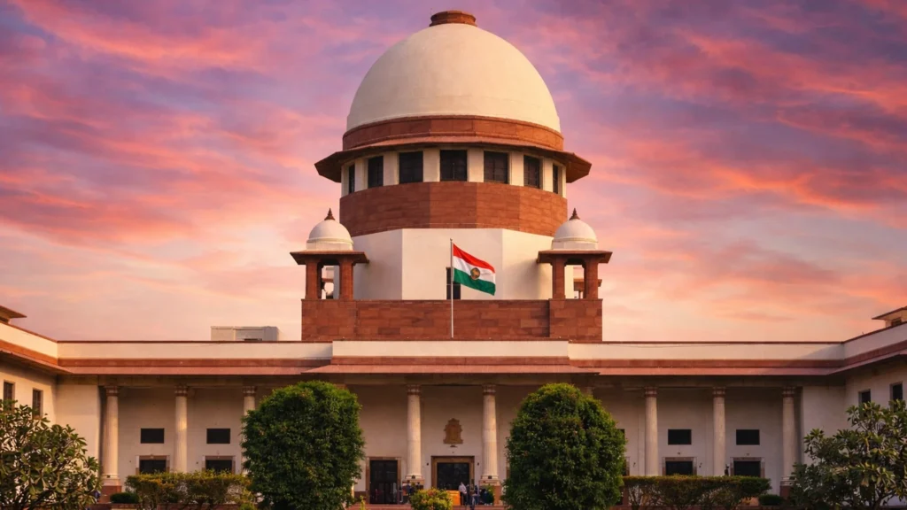 Supreme Court of India building in New Delhi with Indian national flag