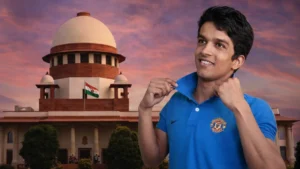 Portrait of Harish Rana with Supreme Court of India building in background related to passive euthanasia case