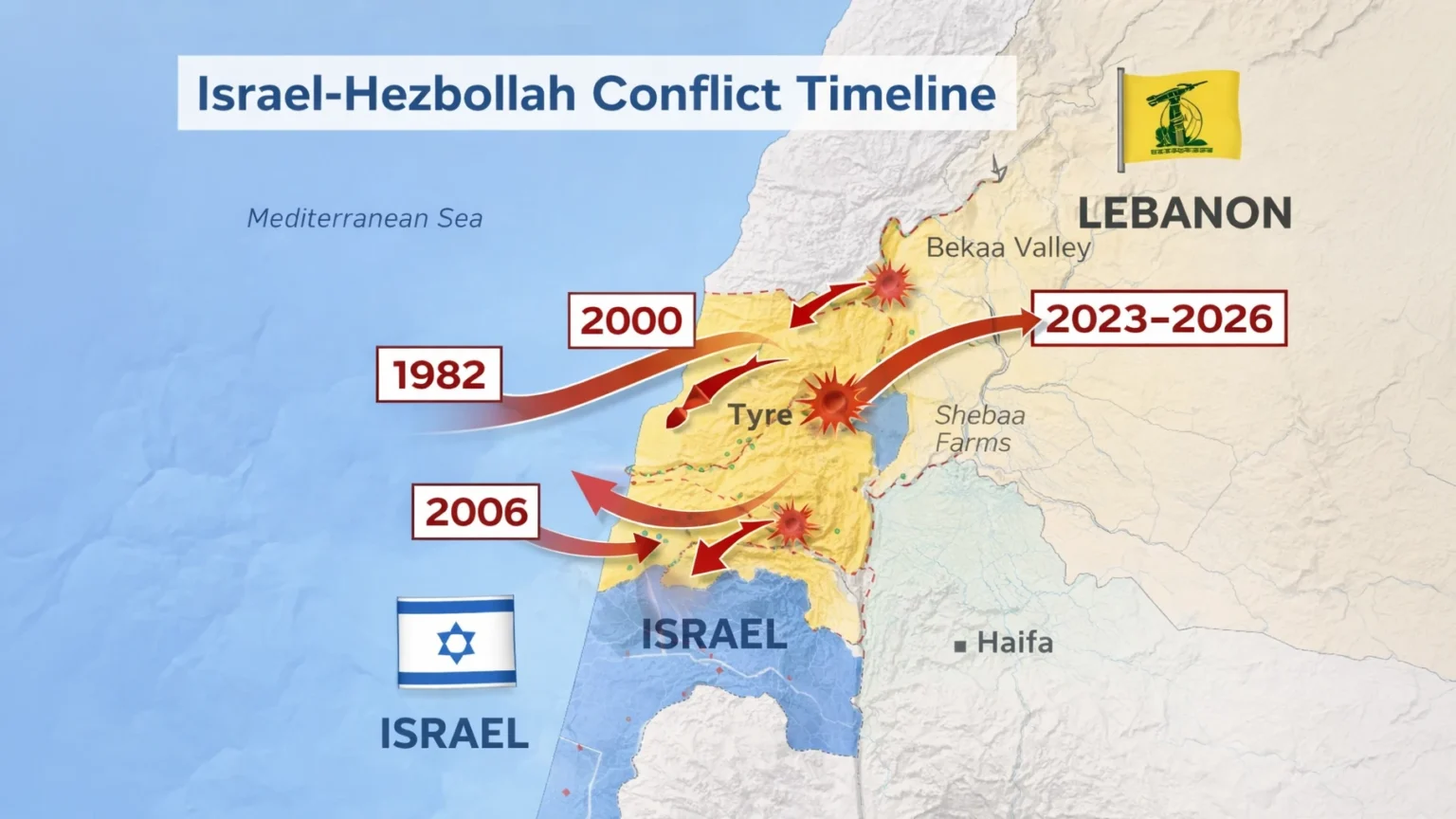 Map showing Israel Lebanon border conflict timeline and Hezbollah areas