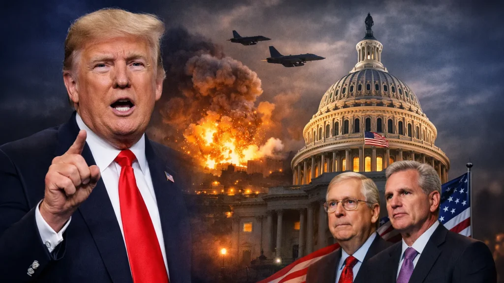 Trump Secures Republican Backing for Iran Strikes Donald Trump speaking alongside US Capitol building and Republican leaders, with background imagery symbolizing US military strikes and Middle East tensions