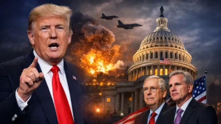 Trump Secures Republican Backing for Iran Strikes Donald Trump speaking alongside US Capitol building and Republican leaders, with background imagery symbolizing US military strikes and Middle East tensions