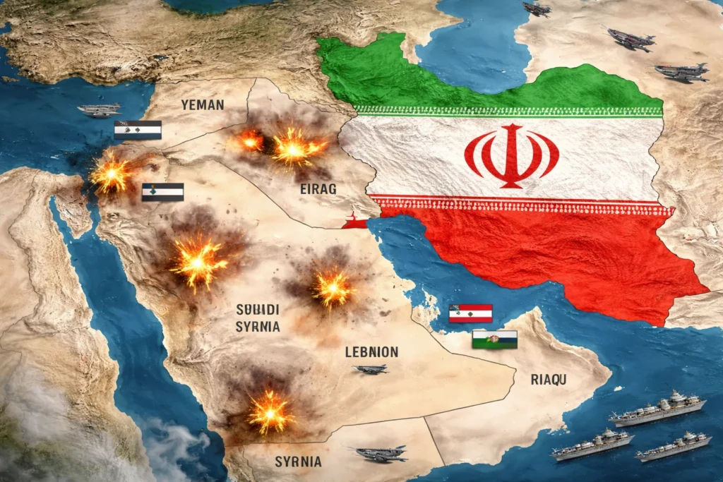 Map illustration of the Middle East highlighting Iran and regions affected by US–Iran tensions and regional conflicts
