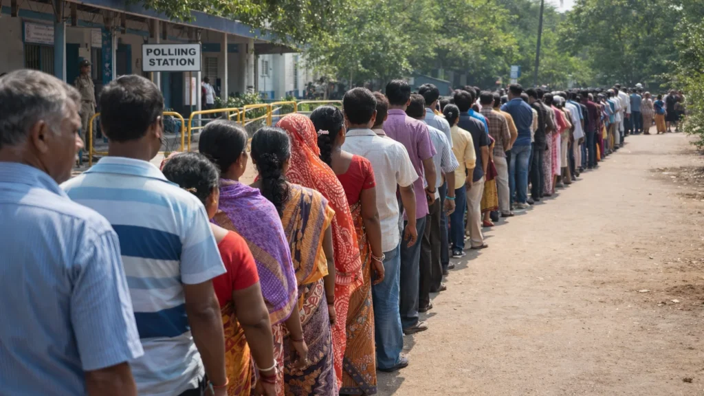 Election Commission Schedules West Bengal Voting: April 23 and April 29 Voters standing in a long queue outside a polling station during West Bengal assembly elections