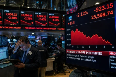 Traders reacting to falling stock indices amid Iran ceasefire concerns on global markets