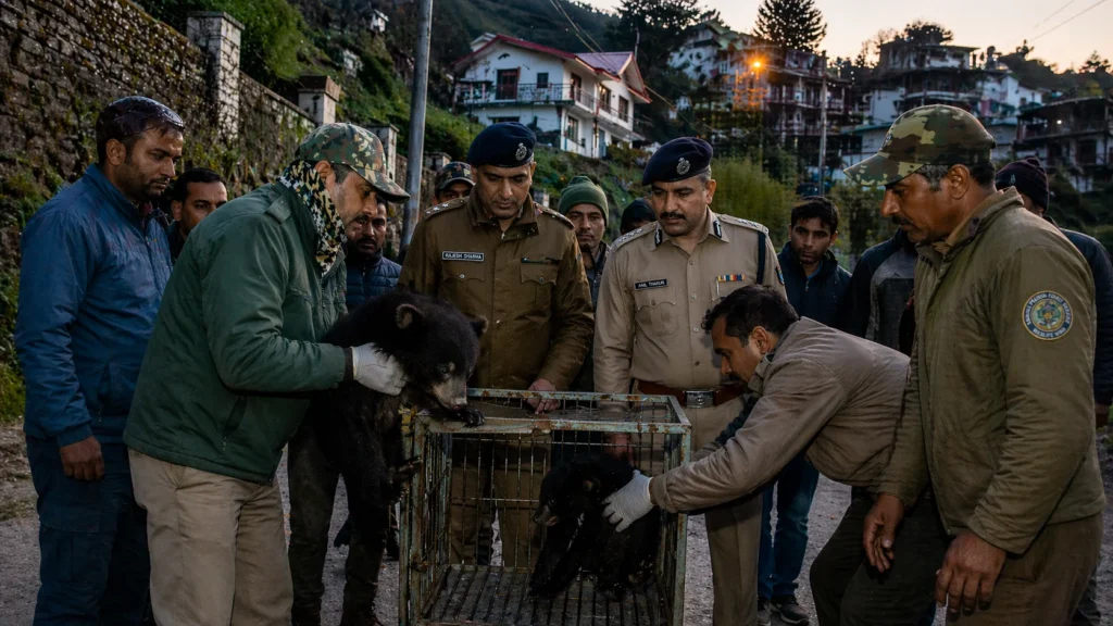 Forest officials and police officers rescue two Himalayan black bear cubs in a residential area near Kufri Heights, Shimla