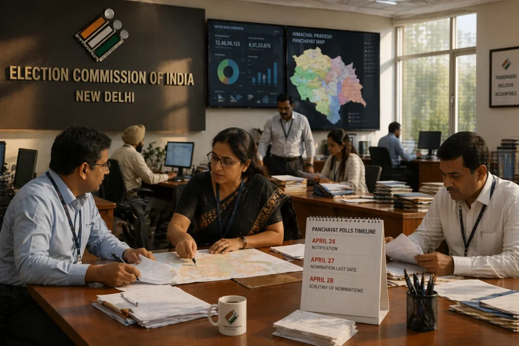 Election Commission officials in New Delhi reviewing panchayat election timelines and voter lists for Himachal Pradesh polls