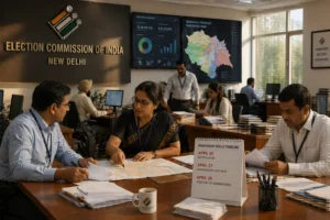 Election Commission officials in New Delhi reviewing panchayat election timelines and voter lists for Himachal Pradesh polls