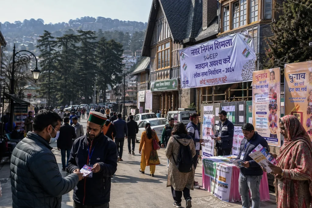 Pre-election preparations in Shimla, Himachal Pradesh, with citizens and officials engaging in civic activities.