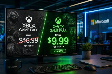 Digital billboard showing Xbox Game Pass price drop with futuristic tech office background